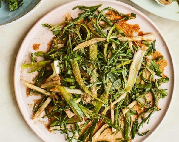 Hot-and-sour asparagus, artichoke and samphire salad
