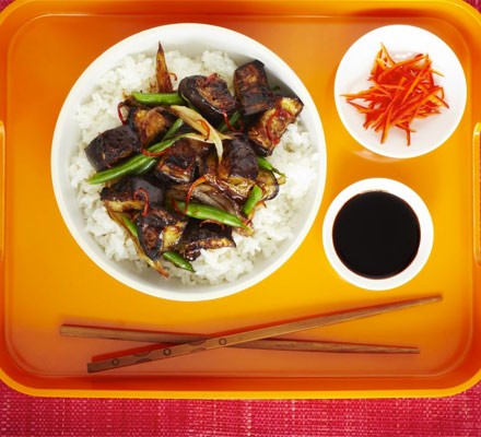 Hot and sour aubergine with sticky rice