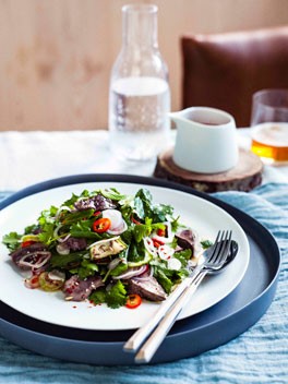Hot and sour duck liver salad with mint, coriander and lime