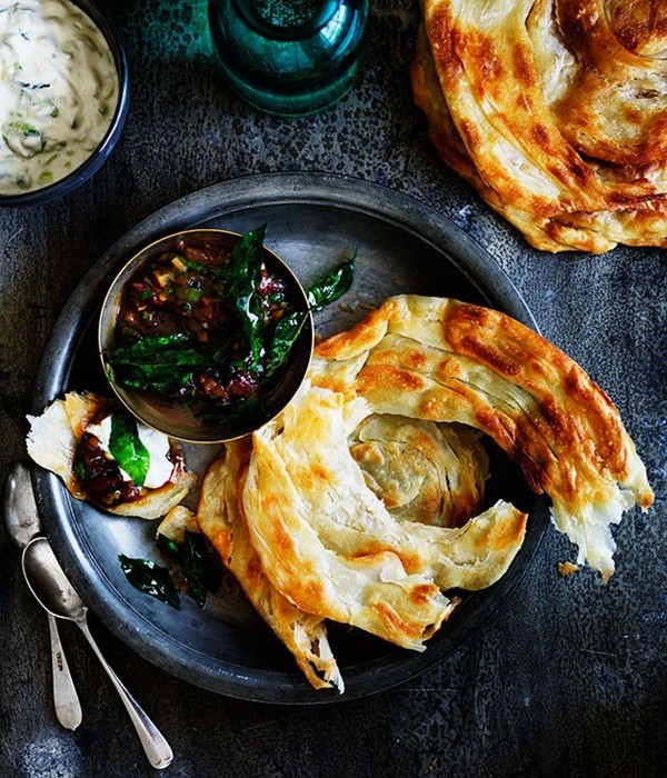 Hot and sour ginger chutney with cucumber yoghurt and roti