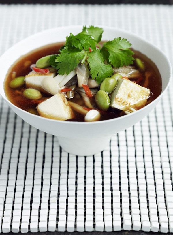 Hot and sour soup with mushrooms and tofu