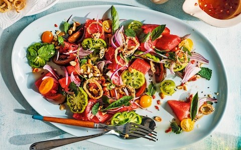 Hot and sour tomato and watermelon salad