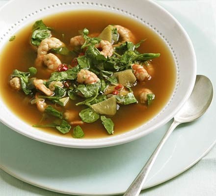 Hot and sour watercress and prawn broth