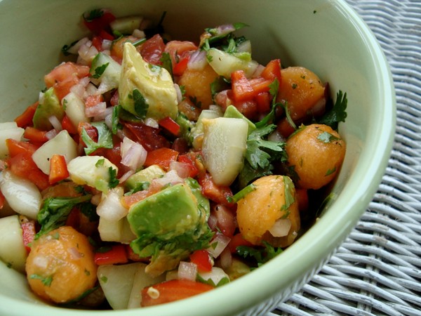 Hot and sweet salsa with avocado and melon