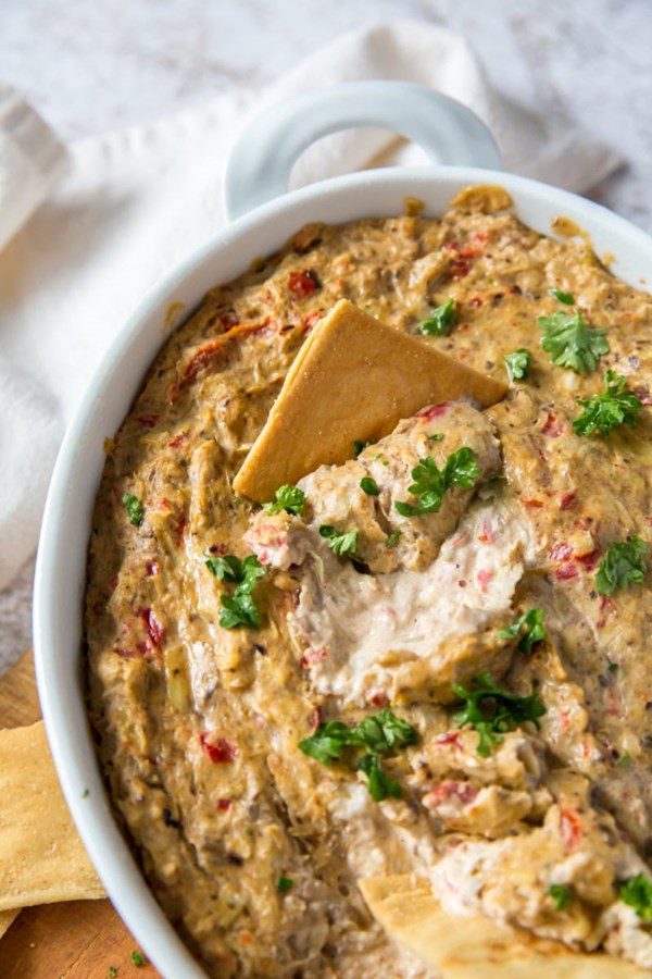 Hot artichoke dip with Asiago cheese