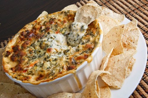 Hot cheesy crab, spinach and artichoke dip