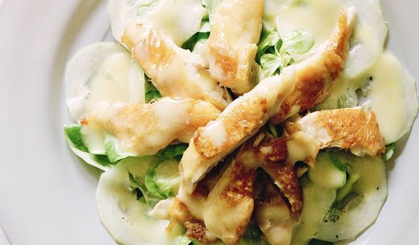Hot chicken salad with sweet mustard dressing