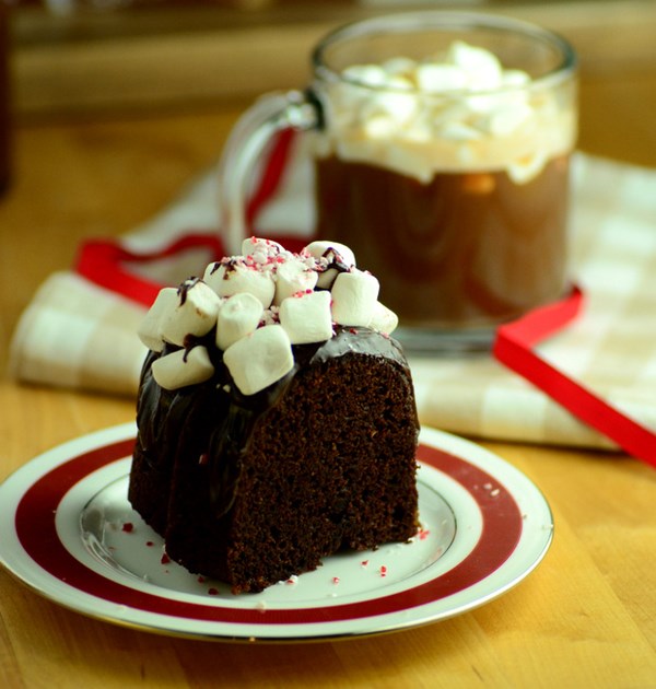 Hot chocolate bundt cake with chocolate fudge and marshmallows