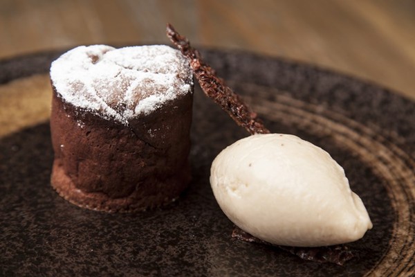 Hot chocolate fondant with Brakspear black stout ice cream and cocoa nib tuile