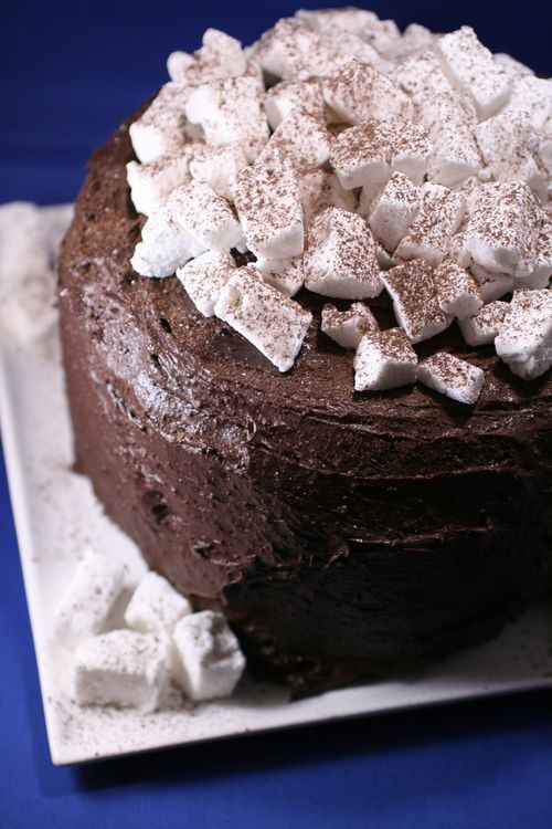 Hot chocolate layer cake with homemade marshmallows