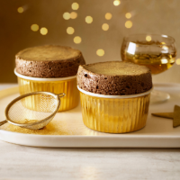 Hot chocolate souffles with Marsala prunes