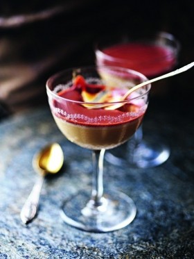Hot chocolate-topped Baileys custard pots