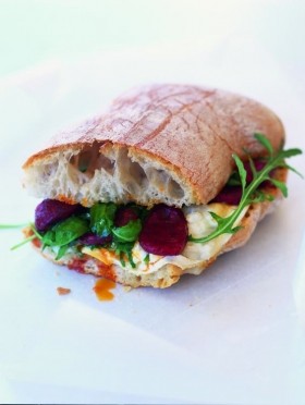 Hot chorizo, goat's cheese and rocket in ciabatta