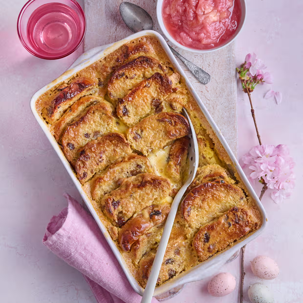 Hot cross bread and butter pudding with Yorkshire rhubarb compote