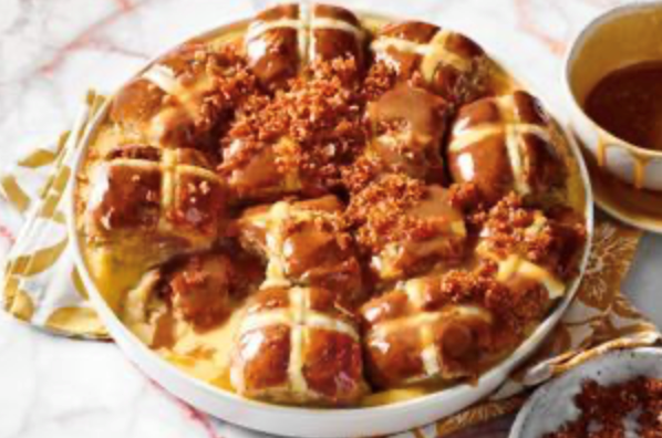 Hot cross bun pudding with white chocolate