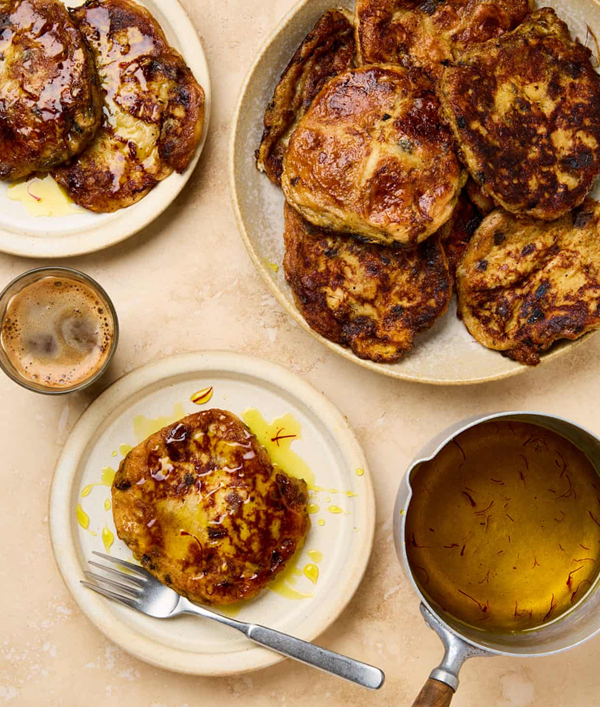 Hot cross torrijas with saffron syrup