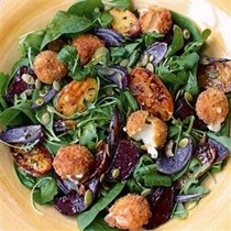 Hot-crumbed baby mozzarella, beetroot and potato salad