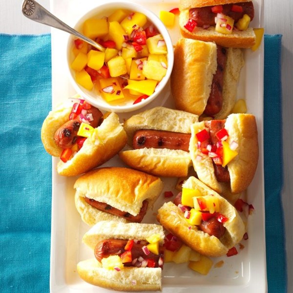 Hot-dog sliders with mango-pineapple salsa