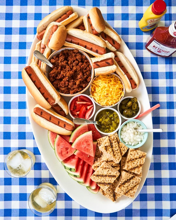 Hot dog snack board for the ultimate backyard picnic