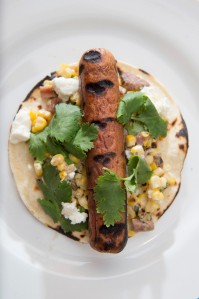 Hot dog tacos with corn salsa