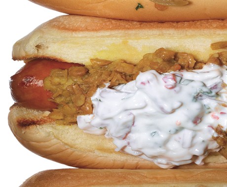 Hot dogs with dal and red-onion raita