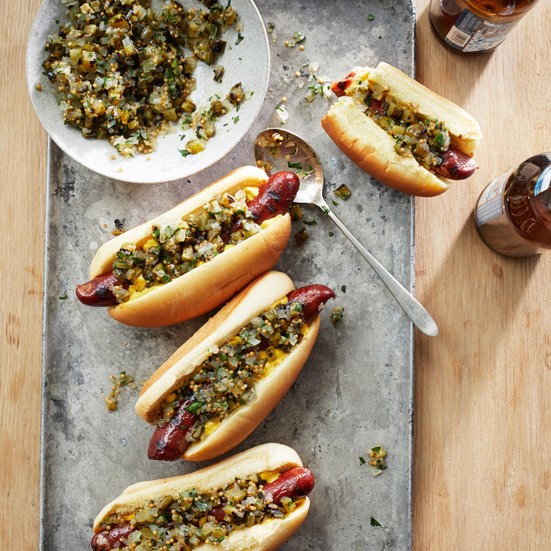 Hot dogs with grilled pickle relish