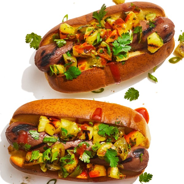 Hot dogs with grilled tomatillo & pineapple salsa