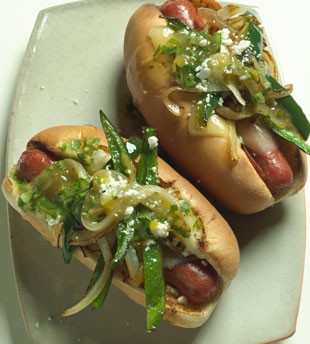 Hot dogs with poblanos, pepper Jack, and tomatillo