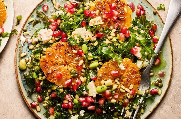 Hot feta, tangerine & grain salad