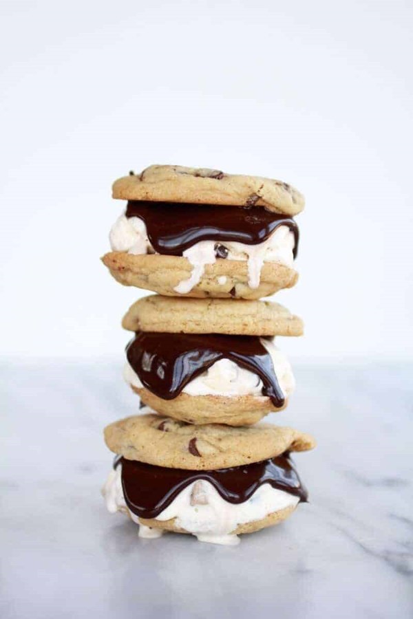 Hot fudge chocolate chip cookie cookie dough ice cream sandwich