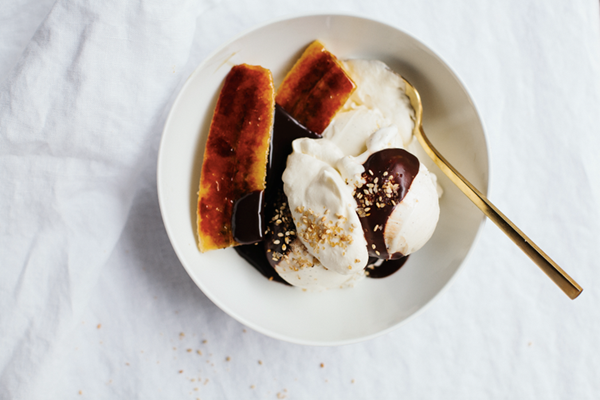 Hot fudge sundae with brûléed bananas and salty sprinkles