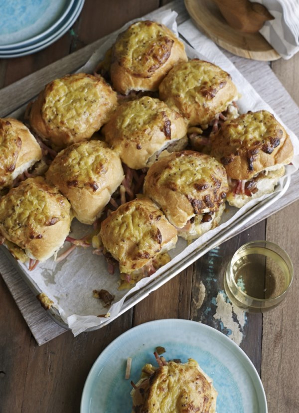 Hot ham and onion jam rolls with molten cheese