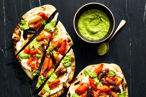 Hot honey-carrot flatbreads with basil chermoula