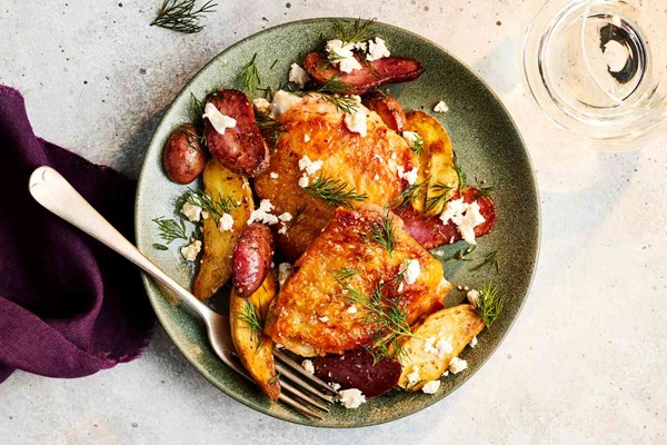 Hot honey chicken with lemon-oregano potatoes