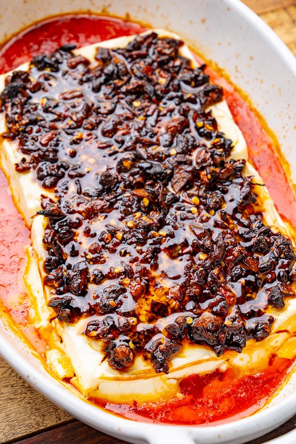 Hot honey chili crisp baked feta