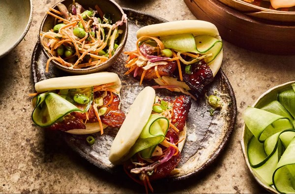Hot honey pork belly buns with cucumber & slaw