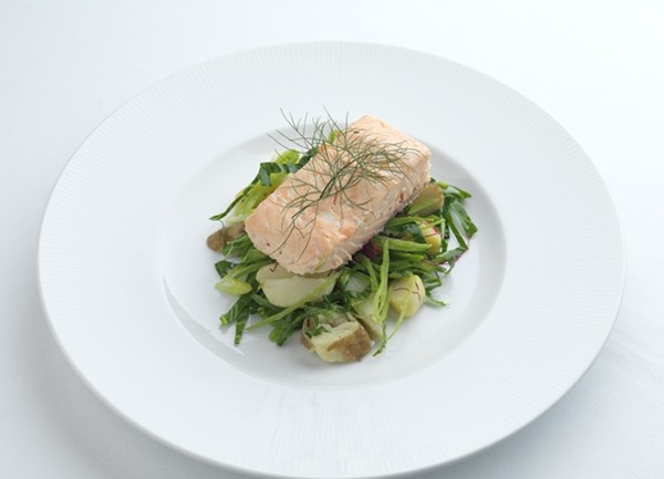 Hot Lapsang Souchong smoked salmon, new potatoes and spring green salad