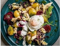 Hot mackerel & beetroot salad with poached eggs