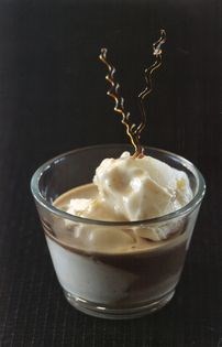 Hot milk chocolate with caramel, whipped cream, and a kick