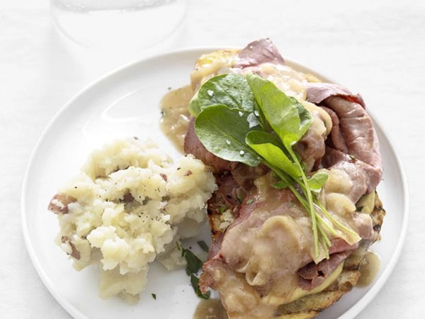 Hot open-face roast beef sandwiches