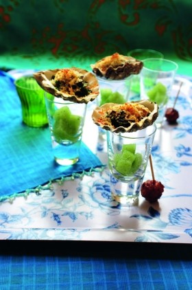 Hot oysters with cold cucumber and vodka jelly, and spicy merguez sausages
