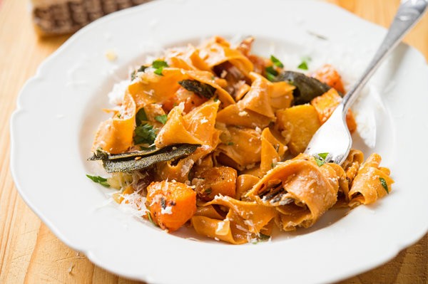 Hot pepper fettuccine with roasted butternut squash