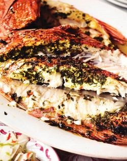 Hot roast snapper with coconut, chilli and lime salsa