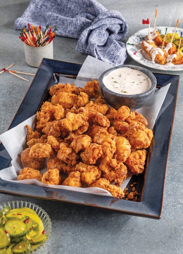 Hot sauce-brined popcorn chicken with bread-and-butter pickles