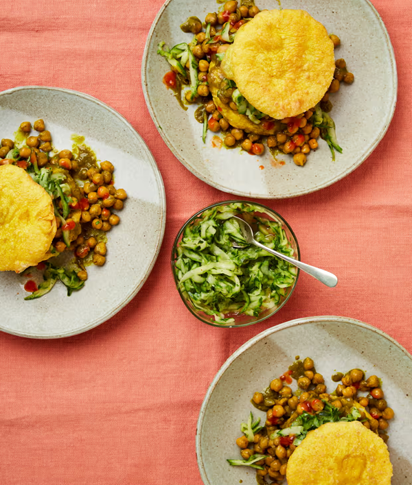 Hot sauce doubles with cucumber chutney