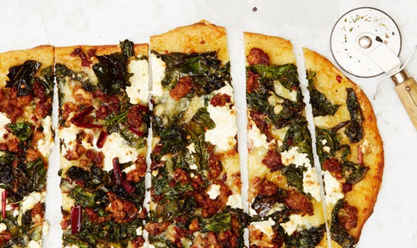 Hot sausage and crispy chard pizza