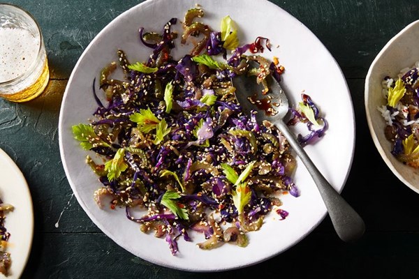 Hot sesame celery with ruby cabbage