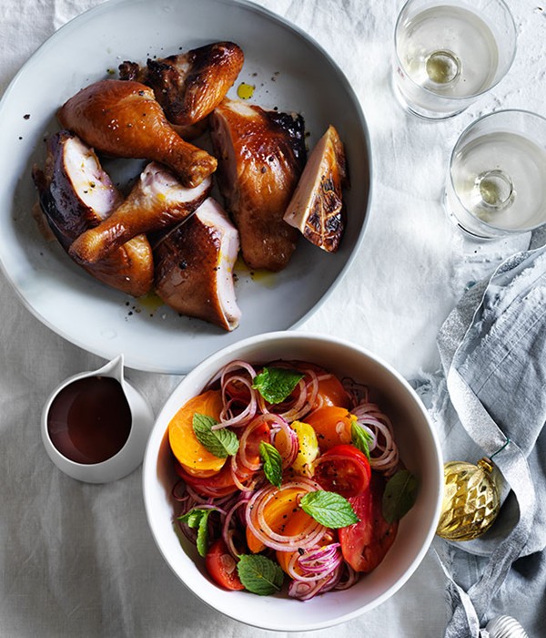 Hot-smoked chicken with marinated tomatoes