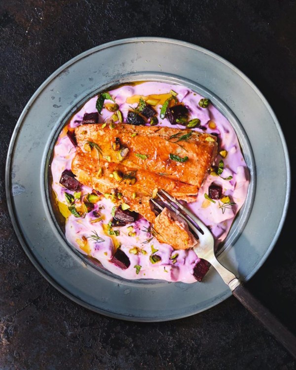 Hot-smoked honey trout with smoky beetroot ‘tzatziki’