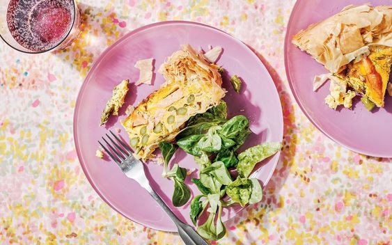 Hot-smoked salmon and asparagus tart with caraway  and dill